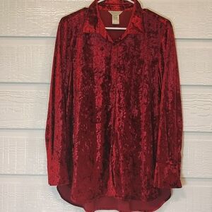 Multiples Blouse Women's Medium Crushed Cranberry Red Velvet Button Up 90s Y2K